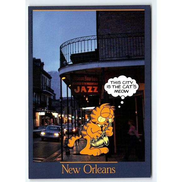 Garfield Cat Postcard New Orleans Louisiana Jazz Kitten Saxophone Jim Davis 1978 - Picture 1 of 2